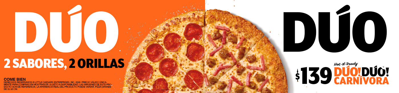Doblemente irresistible. Pepperoni con orilla de mantequilla de ajo y parmesano. Jamón y salchicha italiana con orilla de queso crujiente. $139 Hot-N-Ready DÚO! DÚO! CARNÍVORA.